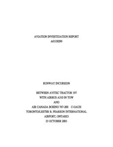 AVIATION INVESTIGATION REPORT A01O0299 RUNWAY INCURSION BETWEEN AVITEC TRACTOR 197 WITH AIRBUS A310 IN TOW