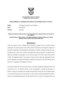 THE SUPREME COURT OF APPEAL REPUBLIC OF SOUTH AFRICA MEDIA SUMMARY OF JUDGMENT DELIVERED IN THE SUPREME COURT OF APPEAL  FROM