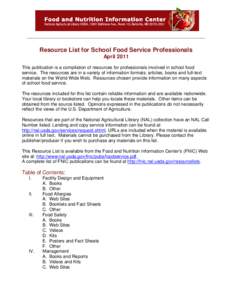 Resource List for School Food Service Professionals