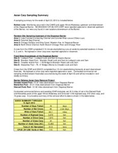 Asian Carp Sampling Summary A sampling summary for the week of April 23, 2012 is included below. Bottom Line: Monitoring occurred in the CAWS and upper Illinois Waterway upstream and downstream of the Dispersal Barrier. 