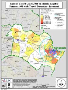 Ratio of Closed Cases 2000 to Income-Eligible Persons 1990 with Travel Distances - Savannah Ratio of Closed Cases per Income-Eligible Persons by Census Tract
