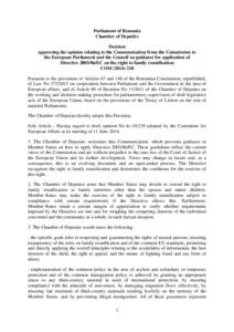 Parliament of Romania Chamber of Deputies Decision approving the opinion relating to the Communication from the Commission to the European Parliament and the Council on guidance for application of Directive[removed]EC on