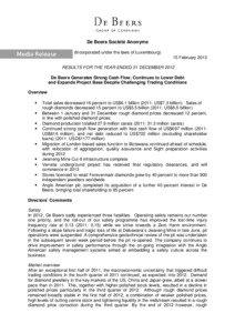 De Beers Société Anonyme (Incorporated under the laws of Luxembourg) 15 February 2013