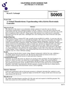 CALIFORNIA STATE SCIENCE FAIR 2013 PROJECT SUMMARY Name(s)  Bryan E. Carbaugh