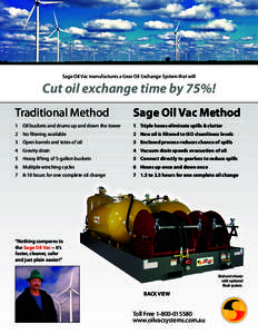 Sage Oil Vac manufactures a Gear Oil Exchange System that will  Cut oil exchange time by 75%! Traditional Method	  Sage Oil Vac Method