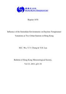 Reprint[removed]Influence of the Immediate Environments on Daytime Temperature Variations at Two Urban Stations in Hong Kong  M.C. Wu, Y.Y. Cheng & Y.H. Lau