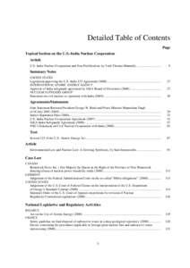 Detailed Table of Contents Page Topical Section on the U.S.-India Nuclear Cooperation Article U.S.-India Nuclear Cooperation and Non-Proliferation, by Yash Thomas Mannully ..............................