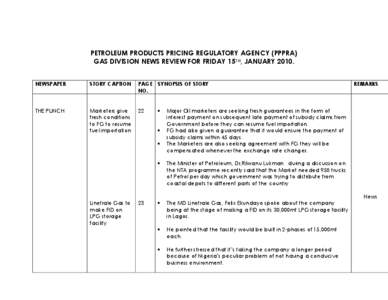 PETROLEUM PRODUCTS PRICING REGULATORY AGENCY (PPPRA) GAS DIVISION NEWS REVIEW FOR FRIDAY 15TH, JANUARY[removed]NEWSPAPER STORY CAPTION