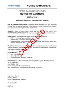 Microsoft Word - Notice to Mariners 002T ofNavigation Warning - Clarence River Flooding - CANCELLED.doc