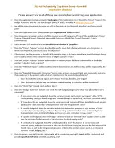 2014 ISDA Specialty Crop Block Grant –Farm Bill Application Checklist Please answer yes to all of these questions before submitting your application. □  Does the application contain unstapled hard copies of the Appli