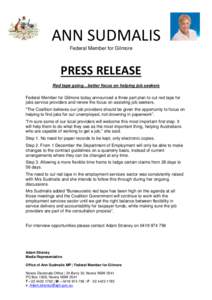 ANN SUDMALIS Federal Member for Gilmore PRESS RELEASE Red tape going…better focus on helping job seekers Federal Member for Gilmore today announced a three part plan to cut red tape for
