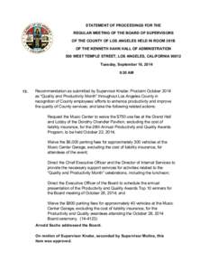 STATEMENT OF PROCEEDINGS FOR THE REGULAR MEETING OF THE BOARD OF SUPERVISORS OF THE COUNTY OF LOS ANGELES HELD IN ROOM 381B OF THE KENNETH HAHN HALL OF ADMINISTRATION 500 WEST TEMPLE STREET, LOS ANGELES, CALIFORNIA 90012