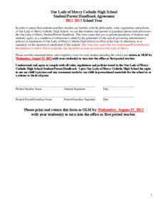 Our Lady of Mercy Catholic High School Student/Parent Handbook Agreement[removed]School Year