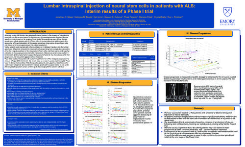 Lumbar intraspinal injection of neural stem cells in patients with ALS: Interim results of a Phase I trial Jonathan D. Glass1, Nicholas M. Boulis2, Karl Johe3, Seward B. Rutkove4, Thais Federici2, Meraida Polak1, Crystal