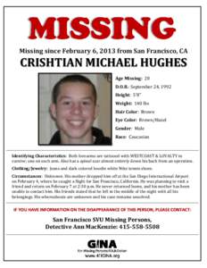 Missing since February 6, 2013 from San Francisco, CA  CRISHTIAN MICHAEL HUGHES Age Missing: 20 D.O.B.: September 24, 1992 Height: 5’8”