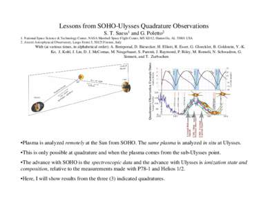 Lessons from SOHO-Ulysses Quadrature Observations S. T. Suess1 and G. Poletto2 1. National Space Science & Technology Center, NASA Marshall Space Flight Center, MS XD12, Huntsville, AL[removed]USA 2. Arcetri Astrophysical 