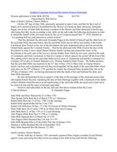 Southern Campaign American Revolution Pension Statements Pension application of John Mills W9194 Mary fn117SC Transcribed by Will Graves State of South Carolina, Chester District