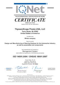 CERTIFICATE IQNet and SQS hereby certify that the organisation  ThyssenKrupp Presta USA, LLC