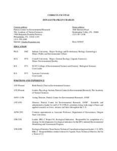 CURRICULUM VITAE DONALD FRANKLIN CHARLES Current address: Patrick Center for Environmental Research The Academy of Natural Sciences