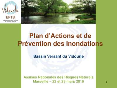 Plan d’Actions et de Prévention des Inondations Bassin Versant du Vidourle Assises Nationales des Risques Naturels Marseille – 22 et 23 mars 2016