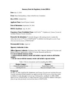 Summary Basis for Regulatory Action (SBRA) Date: July 12, 2011 From: Rana Chattopadhyay, Chair of the Review Committee BLA/ STN#: [removed]Applicant Name: Sanofi Pasteur Limited Date of Submission: September 29, 2010