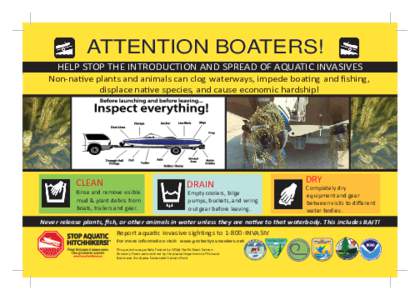 ATTENTION BOATERS! HELP STOP THE INTRODUCTION AND SPREAD OF AQUATIC INVASIVES Non-na ve plants and animals can clog waterways, impede boa ng and fishing, displace na ve species, and cause economic hardship!  CLEAN
