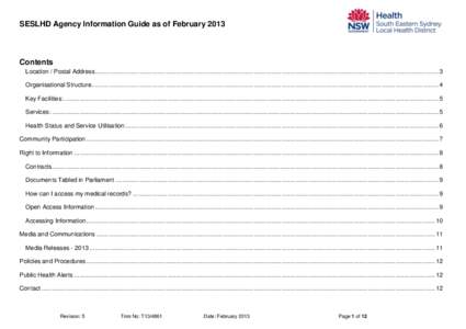 SESLHD Agency Information Guide as of February[removed]Contents Location / Postal Address ....................................................................................................................................