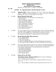 DELHI LEGISLATIVE ASSEMBLY Bulletin Part-I (Brief summary of proceedings) Monday, 01st AprilChaitra, 1935 (Saka) NoPM