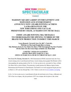 MADISON SQUARE GARDEN ENTERTAINMENT AND WEINSTEIN LIVE ENTERTINMENT ANNOUNCE TONY AWARD-WINNING ACTRESS LAURA BENANTI IN THE NEW YORK SPRING SPECTACULAR, PRESENTED BY CHASE, AT RADIO CITY MUSIC HALL
