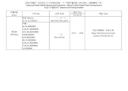 香港足球總會「賽馬會青少年足球發展計劃 – 女子地區訓練計劃（U15, U19）」（ 年度） Jockey Club Youth Football Development Programme – Women’s Youth Football Team Training Sc