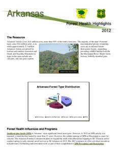 Arkansas Forest Health Highlights 2012 The Resource Arkansas’ forests cover 18.8 million acres, more than 50% of the state’s land area. The majority of the state’s forested land, some 10.6 million acres, is in