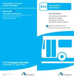 Description of routes in this timetable Route 944 Hurstville to Bankstown  via Penshurst, Mortdale, Peakhurst Heights, Riverwood,