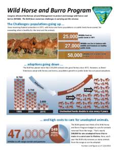 Wild Horse and Burro Program Congress directed the Bureau of Land Management to protect and manage wild horses and burros (WH&B). The BLM faces numerous challenges in carrying out this mission. The Challenges: population