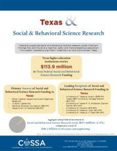 Texas Social & Behavioral Science Research Federally-supported social and behavioral science research yields important findings that contribute to a healthier, safer, and more prosperous population. This support represen
