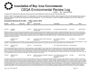 CEQA Environmental Review Log Issue No: 406  Friday, July 15, 2016