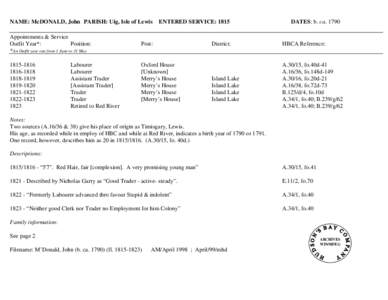 NAME: McDONALD, John PARISH: Uig, Isle of Lewis Appointments & Service Outfit Year*: Position: *An Outfit year ran from 1 June to 31 May[removed]