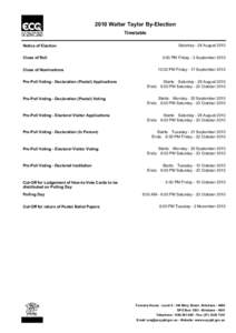 2010 Walter Taylor By-Election Timetable Notice of Election Close of Roll Close of Nominations