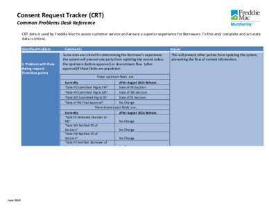 Consent Request Tracker (CRT) Common Problems Desk Reference CRT data is used by Freddie Mac to assess customer service and ensure a superior experience for Borrowers. To this end, complete and accurate data is critical.