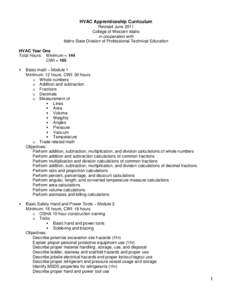 HVAC Apprenticeship Curriculum Revised June 2011 College of Western Idaho in cooperation with Idaho State Division of Professional Technical Education HVAC Year One