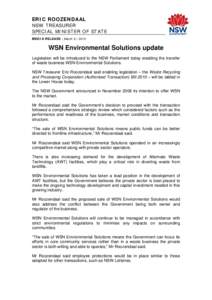 Treasurer Media Release 9 March 2010: WSN Environmental Solutions update