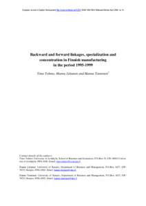 European Journal of Spatial Development-http://www.nordregio.se/EJSD/-ISSNRefereed Articles Aprilno 19  Backward and forward linkages, specialization and concentration in Finnish manufacturing in the pe