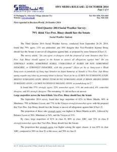 SWS MEDIA RELEASE: 22 OCTOBER 2014 Page 1 of 4 52 Malingap St., Sikatuna Village, Quezon City Website: www.sws.org.ph  Tel: , 