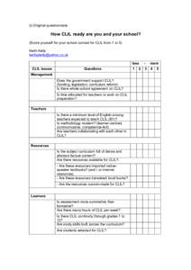 (i) Original questionnaire  How CLIL ready are you and your school? (Score yourself for your school context for CLIL from 1 to 5) Keith Kelly [removed]