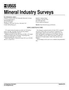 Mineral Industry Surveys For information, contact: Thomas P. Dolley, Soda Ash Commodity Specialist (Acting) U.S. Geological Survey 989 National Center Reston, VA 20192