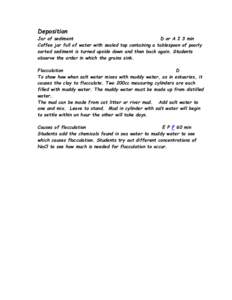 Deposition Jar of sediment D or A I 3 min Coffee jar full of water with sealed top containing a tablespoon of poorly sorted sediment is turned upside down and then back again. Students observe the order in which the grai