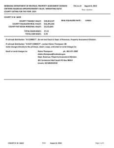 NEBRASKA DEPARTMENT OF REVENUE, PROPERTY ASSESSMENT DIVISION CERTIFIED RAILROAD APPORTIONMENT VALUE / WEIGHTING[removed]COUNTY LISTING FOR TAX YEAR 2014 File as of: