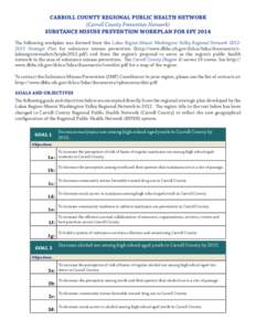 CARROLL COUNTY REGIONAL PUBLIC HEALTH NETWORK (Carroll County Prevention Network) SUBSTANCE MISUSE PREVENTION WORKPLAN FOR SFY 2014 The following workplan was derived from the Lakes Region-Mount Washington Valley Regiona