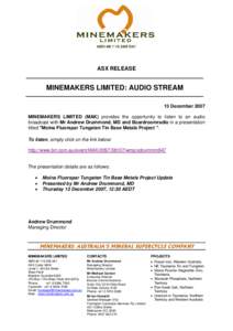 Microsoft WordMinemakers Limited Audio Stream Moina Project Update.doc