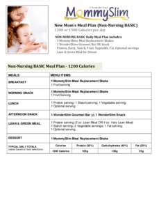 New Mom’s Meal Plan (Non-Nursing BASICor 1500 Calories per day NON-NURSING BASIC Daily Meal Plan includes: - 3 MommySlim® Meal Replacement Shakes - 1 WonderSlim® Gourmet Bar OR Snack
