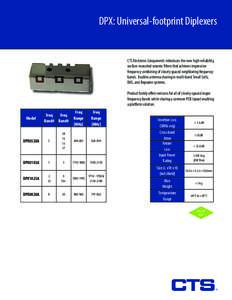 DPX: Universal-footprint Diplexers  CTS Electronic Components introduces the new high-reliability, surface-mounted ceramic filters that achieves impressive frequency combining of closely spaced neighboring frequency band